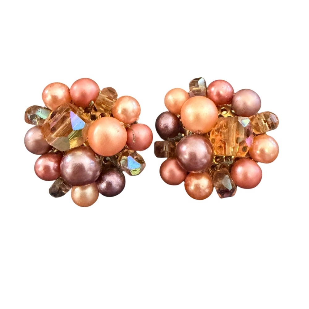 VTG Clip-On Earrings Aurora Borealis Cluster Stamped JAPAN 1950s Mid‎ Century